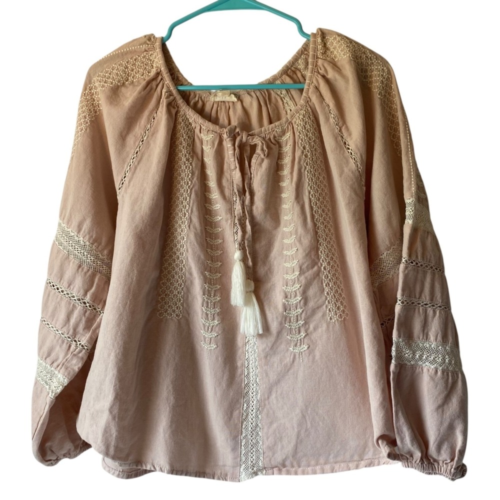 Boho Peasant Blush Pink Blouse Top Tunic Balloon‎ Sleeve Embroidered Cotton L